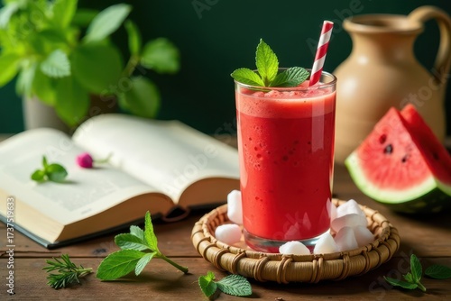 Refreshing Watermelon Smoothie with Mint Garnish beside an Open Book on Wooden Table