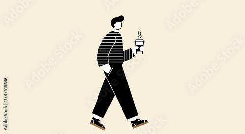 Stylized Man Walking with Coffee Cup Illustration.