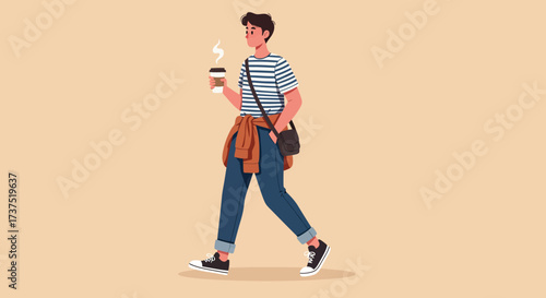 Person Walking with Coffee and Bag in Casual Outfit.