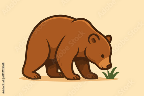 Cartoon Brown Bear Sniffing Grass Illustration.