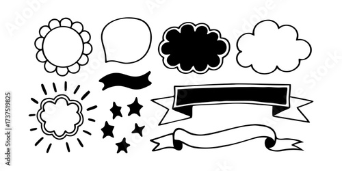Illustration of flower cloud speech bubble stars and banners in black and white doodle style drawing art on transparent background