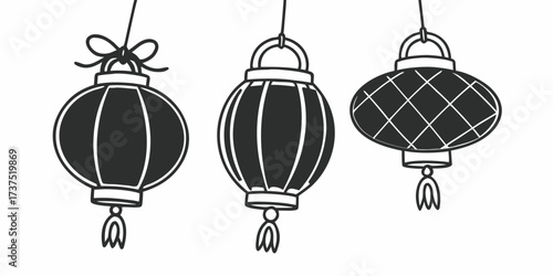 Three hanging lanterns with different designs in black and white line art illustration style drawing on transparent background