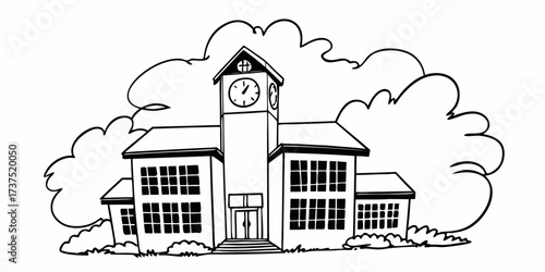 Illustration of a two story building with a clock tower and surrounding clouds in a line drawing style on transparent background