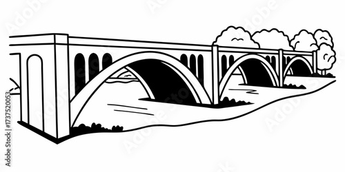 A black and white drawing of a bridge with arches over water and trees on the far side of the bridge on transparent background
