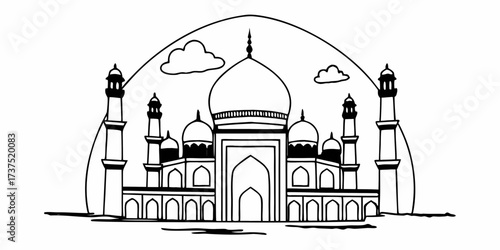 Illustration of the taj mahal with its domes, minarets, and surrounding clouds in a black and white style on transparent background