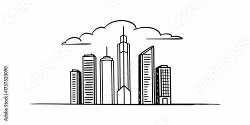 A simple black and white drawing of a city skyline with clouds above the buildings in the distance on transparent background