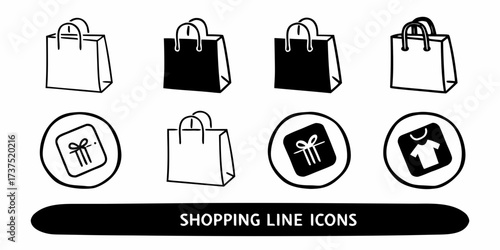 Illustration showcasing shopping bags and gift icons in black and white with a shopping line icons banner on transparent background