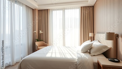 Serene hotel bedroom bathed in morning light, featuring minimalist decor and a neatly made bed.
