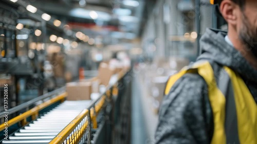 4k video of a worker with delivery packages and conveyor belt moving. 