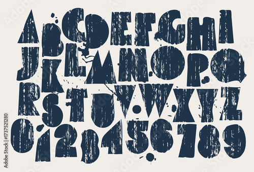 A simple, bold font featuring geometric shapes with a grunge texture, ink drips, and blurred spots. Distressed Latin letters and numbers. No AI is used.