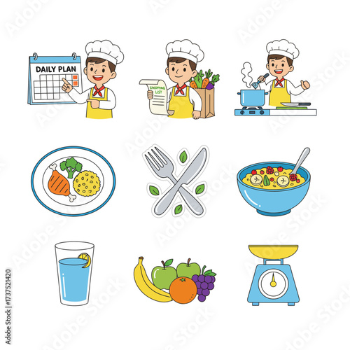 A cartoon chef planning, shopping, and cooking healthy meals with various ingredients.