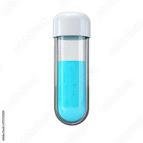 Transparent cylindrical container with a white cap, partially filled with bright blue liquid