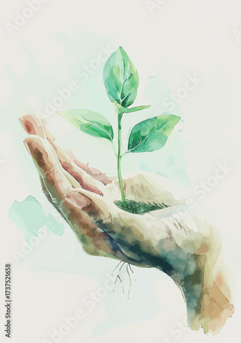 Watercolor art of a small green sprout delicately growing from a human hand cupped gently - vector illustration