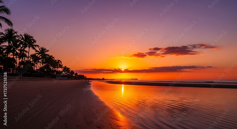 Obraz premium Vibrant Tropical Sunset Over Calm Ocean with Palm Trees.