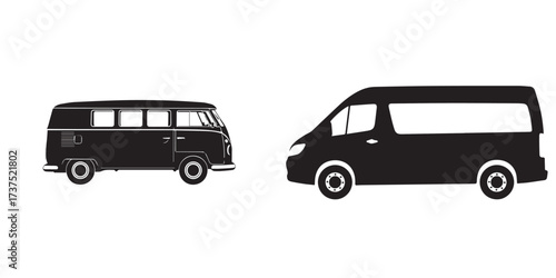 Black silhouettes of classic and modern vans side by side on a white background