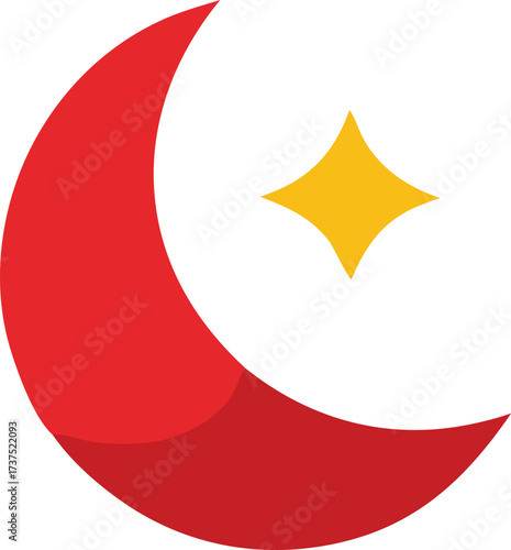 Stylized red crescent moon and yellow star emblem symbolizing night sky celestial body heavenly body cosmic wonder