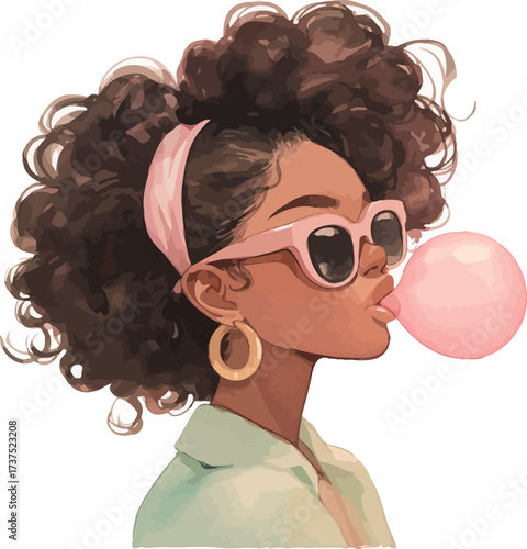 Artistic watercolor of a woman in sunglasses blowing a bright pink bubble with playful summer style - vector illustration