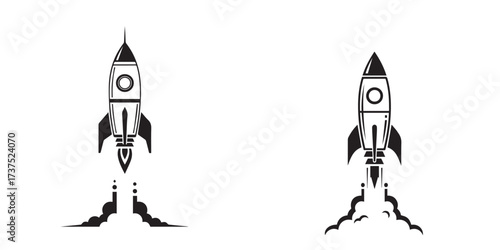Dynamic Black and White Rocket Launch Icons with Smoke Trails