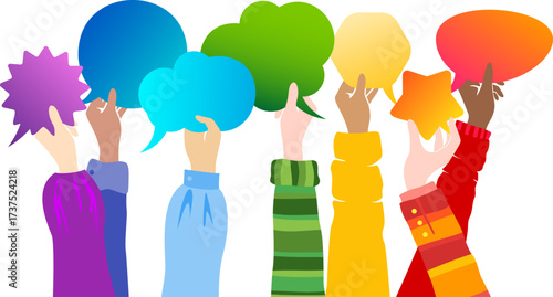 Human hands up and holding speech bubbles. Vector horizontal border with colorful decoration elements.