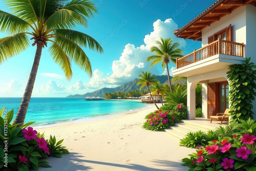 Fototapeta premium Idyllic Tropical Beachfront House with Lush Landscaping and Ocean View