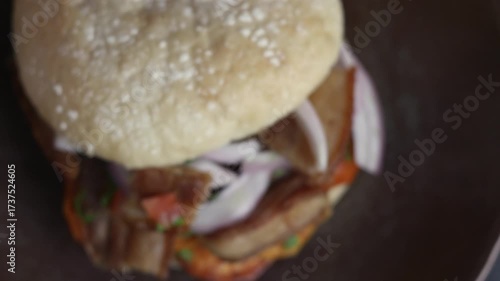 Shot of the bread with pork rinds and a cup of coffee zooming in and coming into full focus.