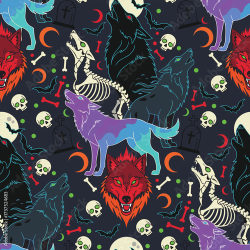 Seamless Halloween howling wolf pattern spooky gothic dark horror vector