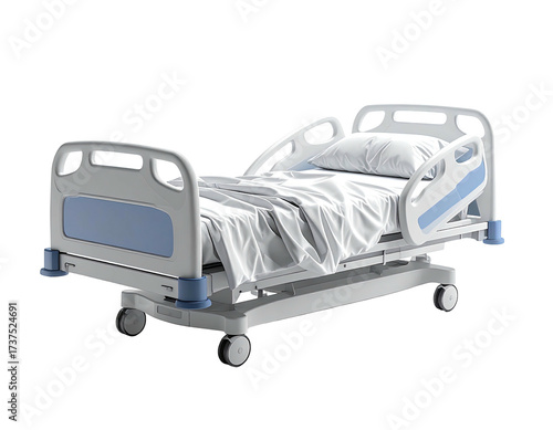 A hospital bed, clean and white, with a pillow and a sheet, isolated
