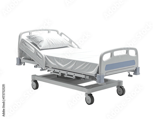 Modern, adjustable hospital bed with pristine white linens. Isolated on black