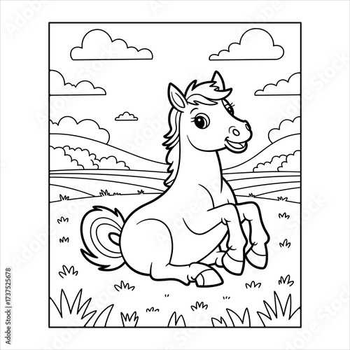Cute Horse Coloring Page for Kids Farm Animal Vector Illustration, Cartoon Horse Coloring Book Page Fun Farm Animal Line Art, Happy Horse Coloring Page Printable Farm Animal Vector for Children