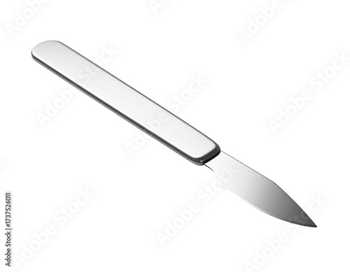 Shiny surgical scalpel with a metal handle and blade against a black backdrop