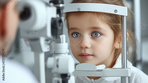 A young girl visiting a doctor for an eye checkup. The doctor examines the child’s eyes with medical equipment in a bright clinic, symbolizing healthcare, vision care, and child wellness.