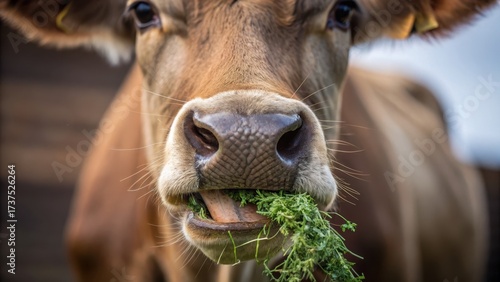 sustainable ranching america Close-up of a cow's face chewing grass, showcasing its features and texture.