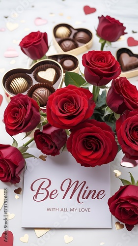 Classic valentine's day card with red roses and chocolate hearts for romantic celebrations