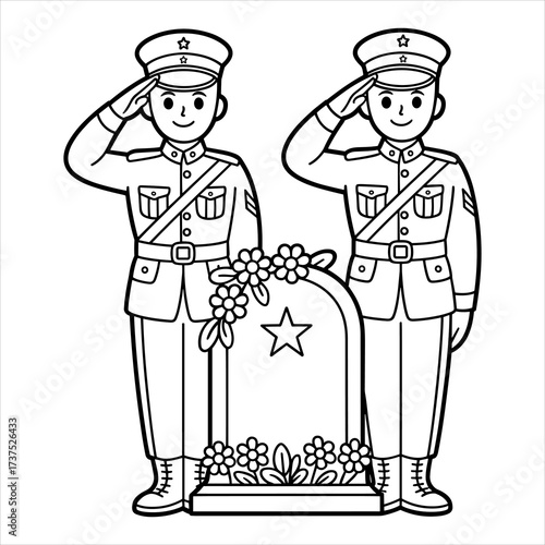 Soldiers Saluting Memorial Coloring Page Vector Illustration, Military Tribute Veterans Day Memorial Coloring Book Page, Army Soldiers Salute Tombstone Remembrance Outline Drawing.