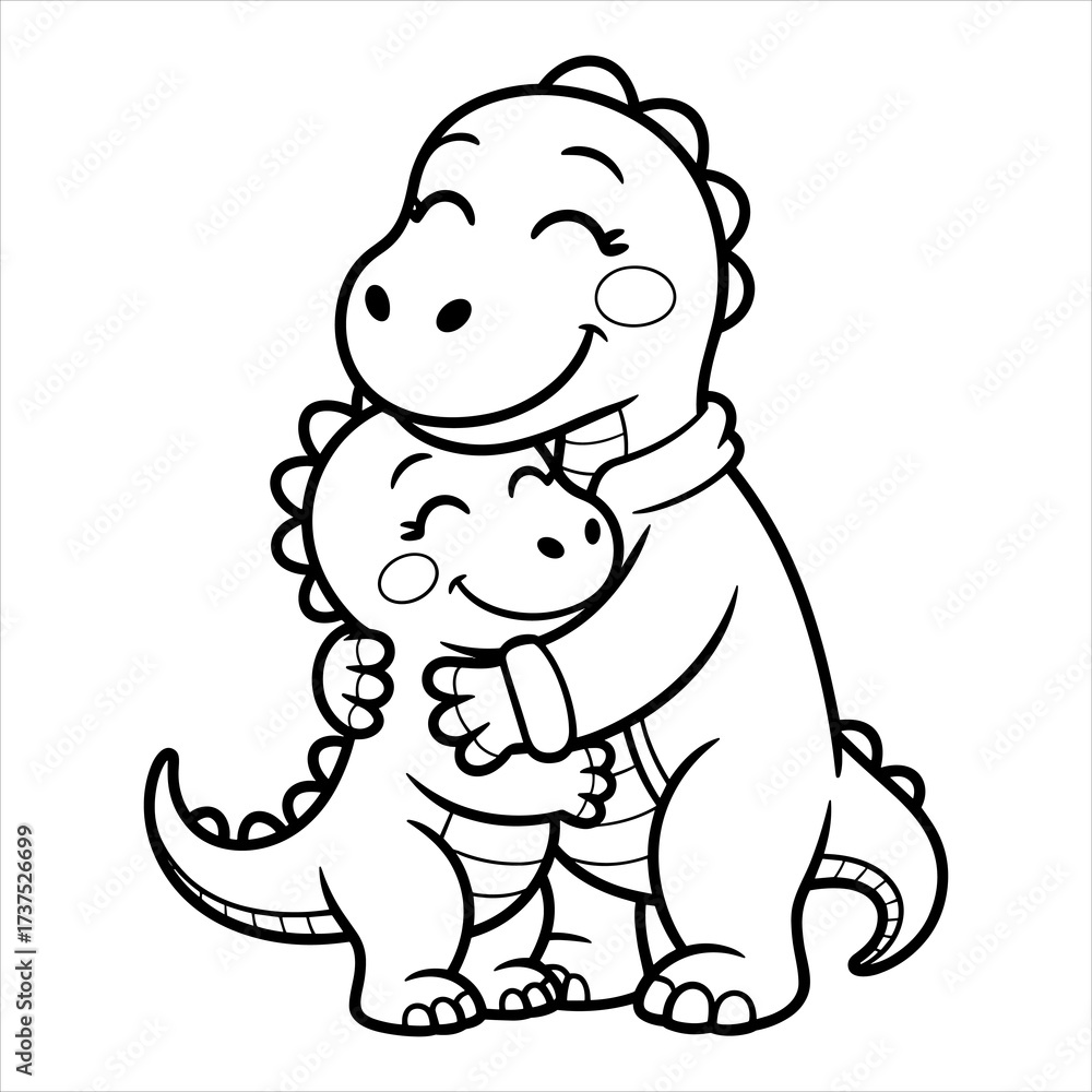 Fototapeta premium Cute Dinosaur Hug Coloring Page Vector for Kids, Mother and Baby Dinosaur Hugging Cartoon Coloring Illustration, Adorable Dino Family Hug Black and White Coloring Book Page.