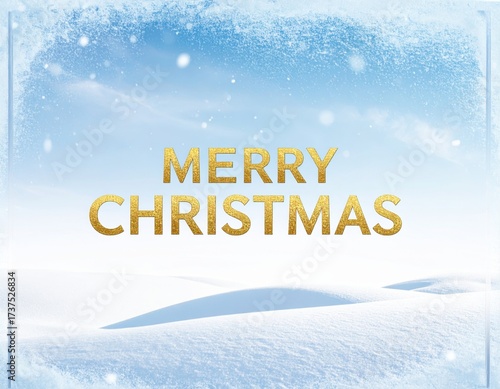 Golden glitter text 'Merry Christmas' shines brightly amidst a beautiful winter wonderland landscape with fresh white snow and soft falling flakes under a clear blue sky.