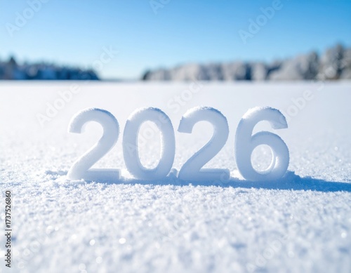 Bright white numbers 2026 stand firmly in a field of pristine, sparkling snow, reflecting the clear blue winter sky, symbolizing a fresh beginning.