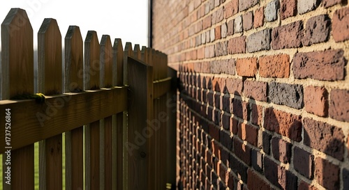 Wooden fence and brick wall texture detail.