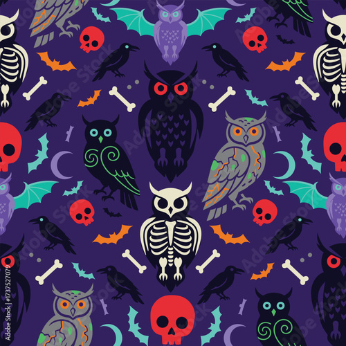 Seamless Halloween owl pattern spooky gothic dark horror vector