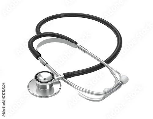 A medical instrument, black tubing and silver head, used for listening to body sounds