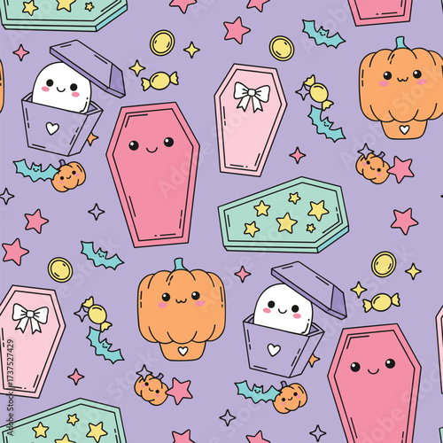 Seamless Halloween coffin pattern cute kawaii textile vector