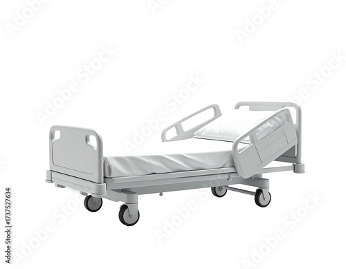 Angled view of a gray hospital bed, sheet, pillow, with wheels