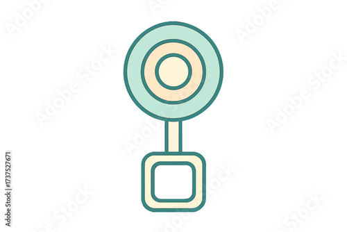 Simple colorful baby rattle toy with concentric circles and a square handle design