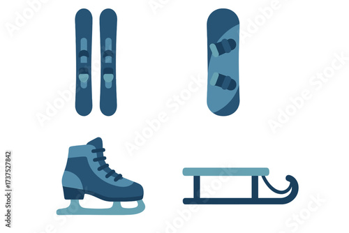 Winter sports equipment set including skis, snowboard, ice skate, and sled