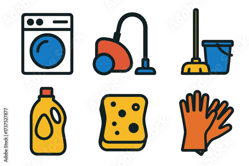 Cleaning supplies for home chores, including a washing machine, vacuum, mop, and gloves