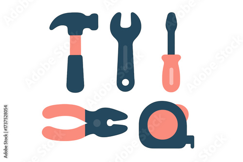 Collection of essential hand tools including hammer, wrench, screwdriver, pliers, and tape measure arranged clearly for home improvement projects
