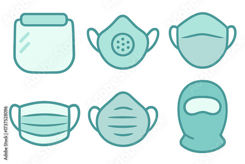Variety of protective masks and face coverings on a neutral background demonstrating safety measures for health