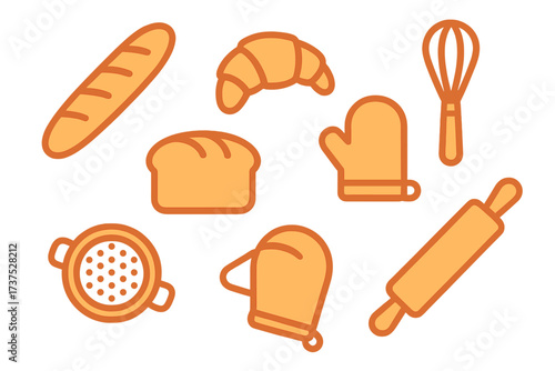 Baking tools and breads including baguette, croissant, and loaf in a simple design representing baking activities