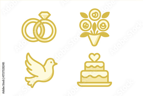 Wedding symbols featuring rings, flowers, a dove, and a cake in simple design