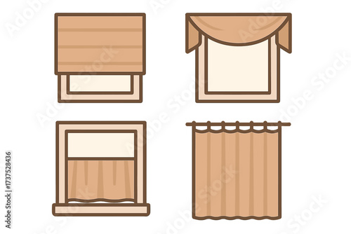 Different styles of window treatments in warm tones showcasing various designs and functions for home decor